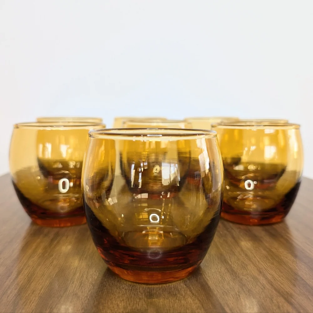 Set Of 8 Vintage 60s 70s MCM Amber Color Roly Poly Glasses Whiskey Stemless Wine